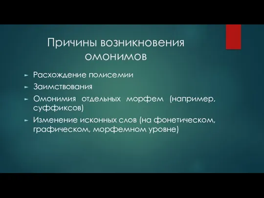 Причины возникновения омонимов Расхождение полисемии Заимствования Омонимия отдельных морфем (например,