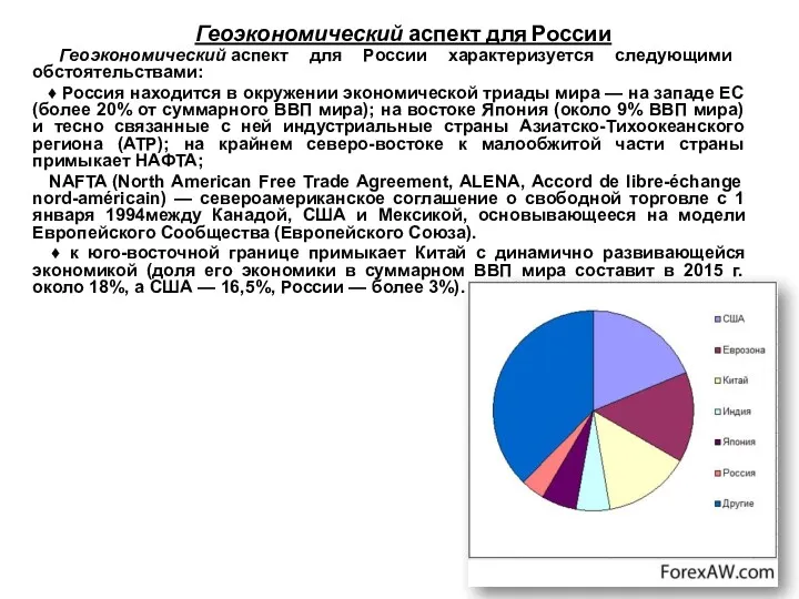 Геоэкономический аспект для России Геоэкономический аспект для России характеризуется следую­щими