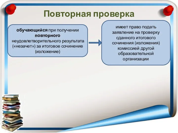 Повторная проверка обучающийся при получении повторного неудовлетворительного результата («незачет») за итоговое сочинение (изложение)