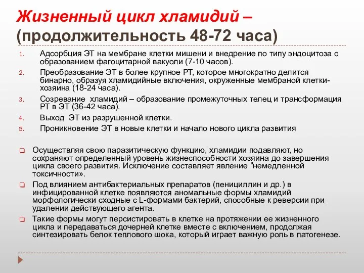 Жизненный цикл хламидий – (продолжительность 48-72 часа) Адсорбция ЭТ на