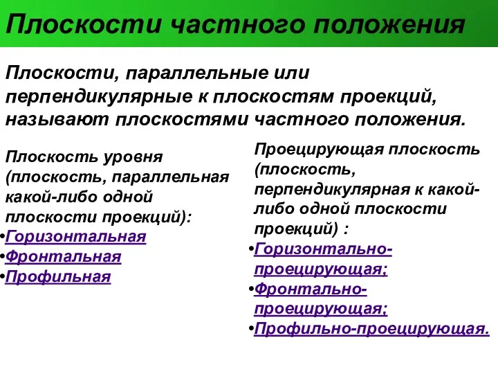 Плоскости частного положения Плоскости, параллельные или перпендикулярные к плоскостям проекций,