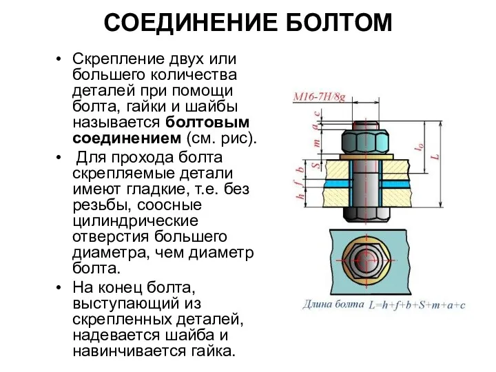 СОЕДИHЕHИЕ БОЛТОМ Скpепление двух или большего количества деталей пpи помощи