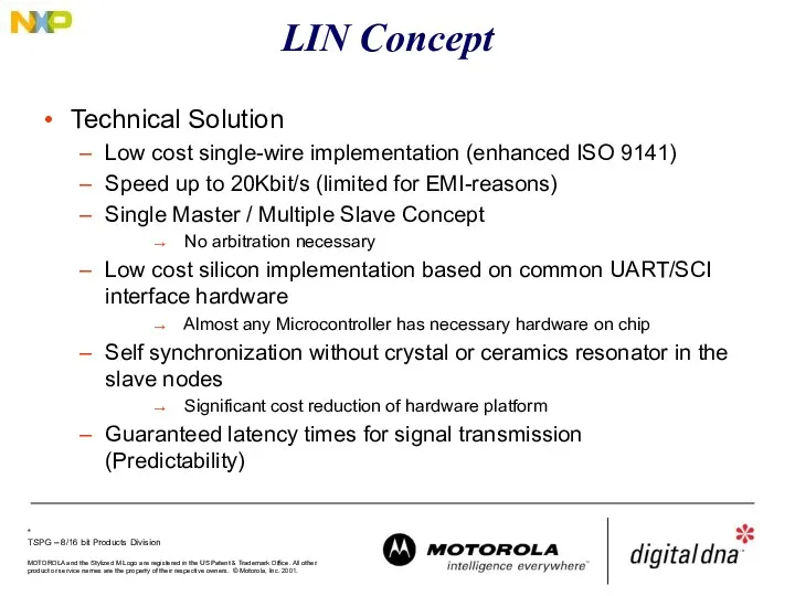 LIN Concept Technical Solution Low cost single-wire implementation (enhanced ISO 9141) Speed up