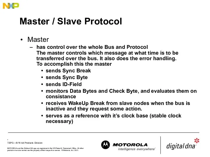 Master / Slave Protocol Master has control over the whole Bus and Protocol