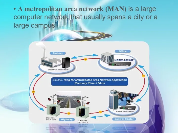 • A metropolitan area network (MAN) is a large computer