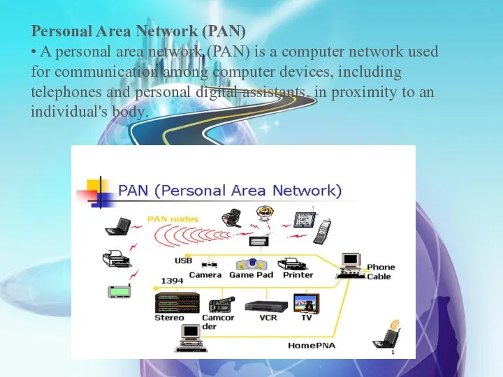 Personal Area Network (PAN) • A personal area network (PAN) is a computer