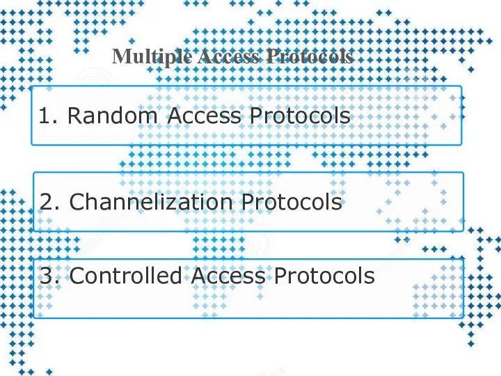 1. Random Access Protocols 2. Channelization Protocols 3. Controlled Access Protocols Multiple Access Protocols