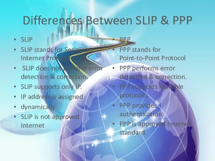 Differences Between SLIP & PPP SLIP SLIP stands for Serial Line Internet Protocol.