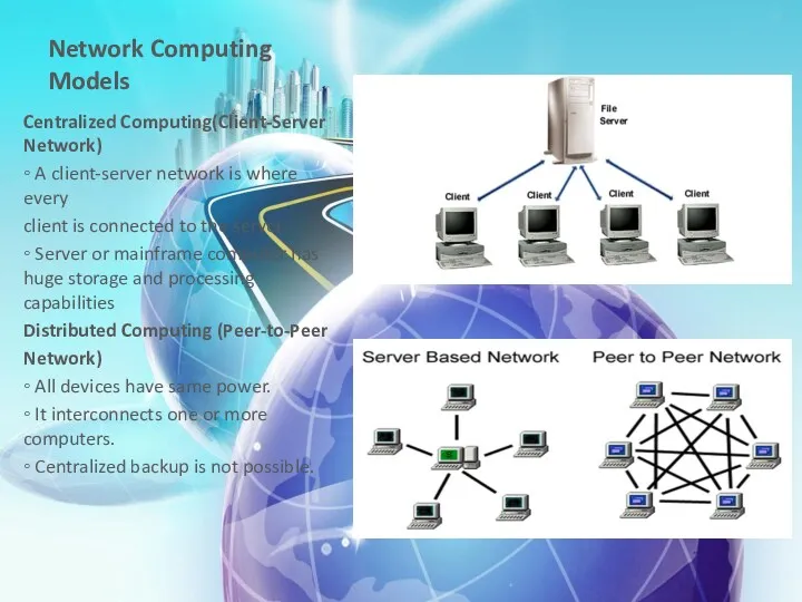 Network Computing Models Centralized Computing(Client-Server Network) ◦ A client-server network