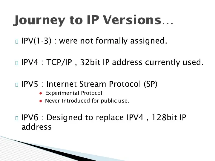 IPV(1-3) : were not formally assigned. IPV4 : TCP/IP ,
