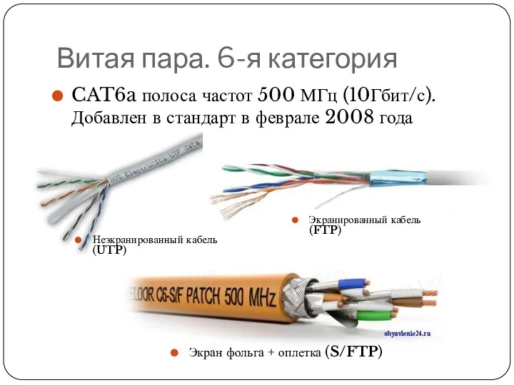Витая пара. 6-я категория CAT6a полоса частот 500 МГц (10Гбит/с).