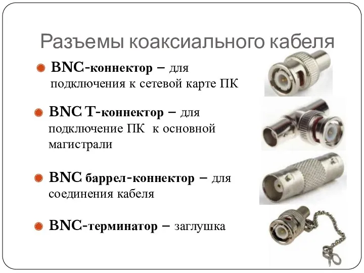 Разъемы коаксиального кабеля BNC-коннектор – для подключения к сетевой карте