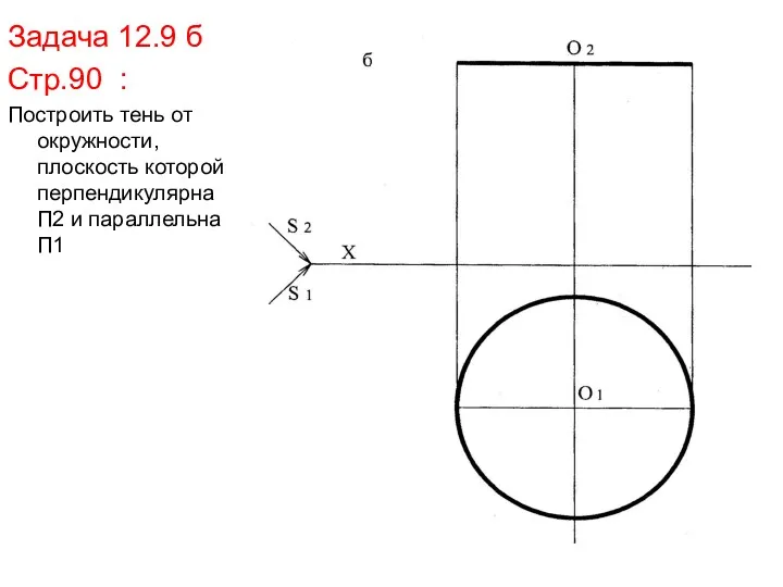 Задача 12.9 б Стр.90 : Построить тень от окружности, плоскость которой перпендикулярна П2 и параллельна П1