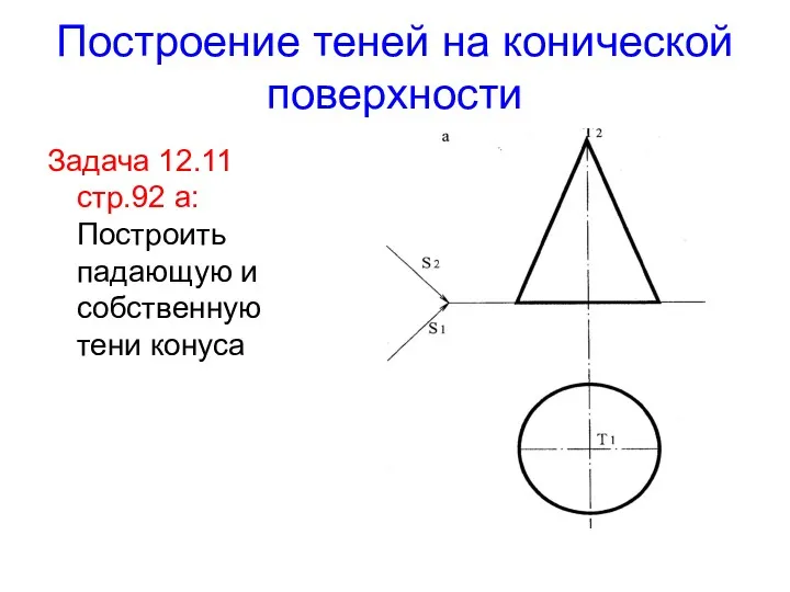Построение теней на конической поверхности Задача 12.11 стр.92 а: Построить падающую и собственную тени конуса