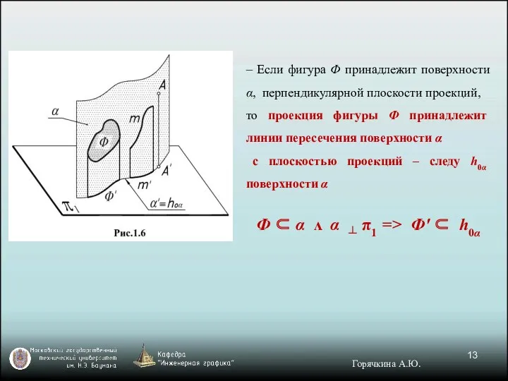 – Если фигура Ф принадлежит поверхности α, перпендикулярной плоскости проекций,