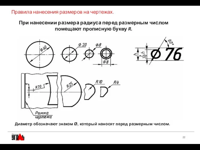 Правила нанесения размеров на чертежах. При нанесении размера радиуса перед