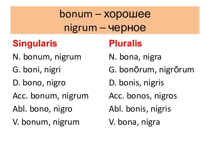 bonum – хорошее nigrum – черное Singularis N. bonum, nigrum