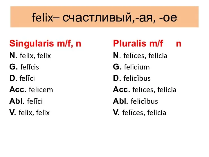 felix– счастливый,-ая, -ое Singularis m/f, n N. felix, felix G.