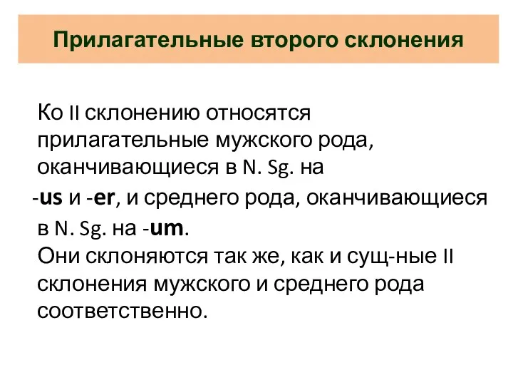 Прилагательные второго склонения Ко II склонению относятся прилагательные мужского рода,