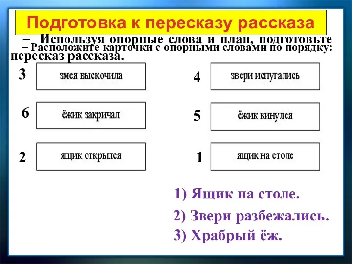 Подготовка к пересказу рассказа 1) Ящик на столе. 2) Звери