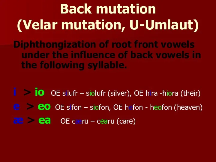 Back mutation (Velar mutation, U-Umlaut) Diphthongization of root front vowels