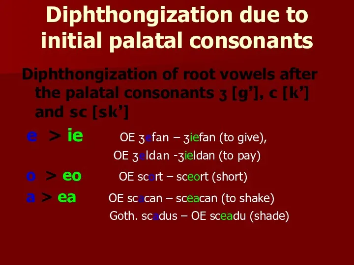 Diphthongization due to initial palatal consonants Diphthongization of root vowels