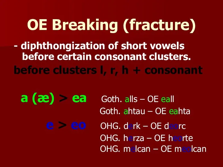 OE Breaking (fracture) - diphthongization of short vowels before certain