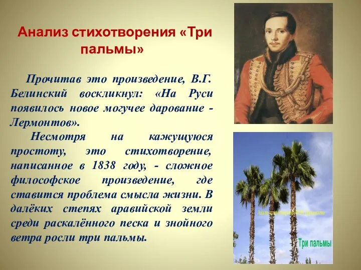 Анализ стихотворения «Три пальмы» Прочитав это произведение, В.Г.Белинский воскликнул: «На