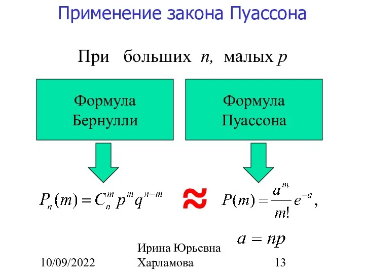 10/09/2022 Ирина Юрьевна Харламова При больших n, малых р ≈ Применение закона Пуассона