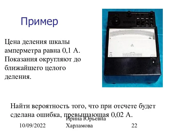 10/09/2022 Ирина Юрьевна Харламова Пример Цена деления шкалы амперметра равна