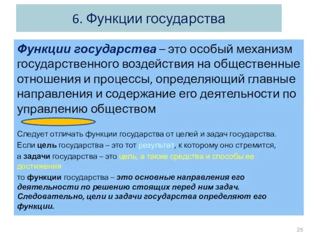 6. Функции государства Функции государства – это особый механизм государственного