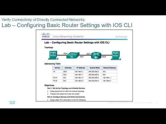 Verify Connectivity of Directly Connected Networks Lab – Configuring Basic Router Settings with IOS CLI