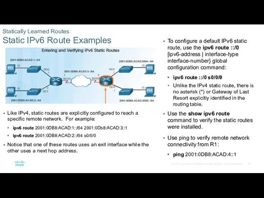 Statically Learned Routes Static IPv6 Route Examples To configure a