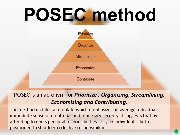 POSEC method POSEC is an acronym for Prioritize , Organizing, Streamlining, Economizing and