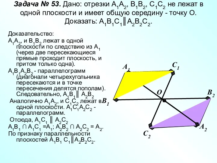 Задача № 53. Дано: отрезки А1А2, В1В2, С1С2 не лежат