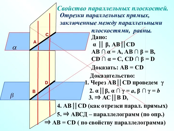 Отрезки параллельных прямых, заключенные между параллельными плоскостями, равны. Свойство параллельных