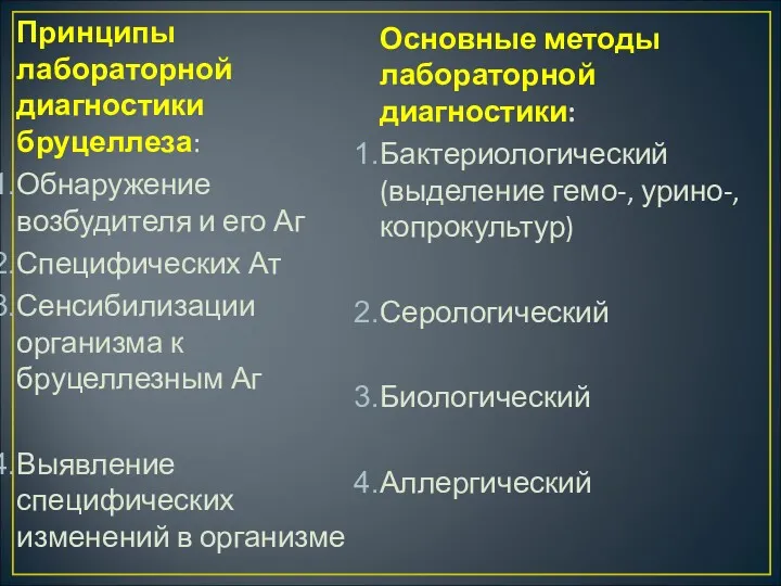 Принципы лабораторной диагностики бруцеллеза: Обнаружение возбудителя и его Аг Специфических