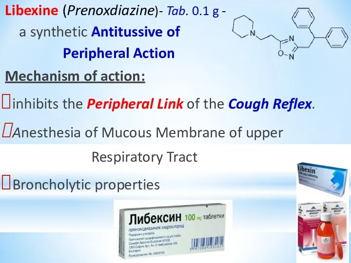 Libexine (Prenoxdiazine)- Tab. 0.1 g - a synthetic Antitussive of Peripheral Action Mechanism