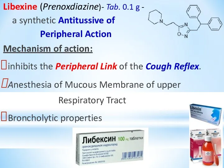 Libexine (Prenoxdiazine)- Tab. 0.1 g - a synthetic Antitussive of