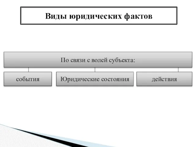 Виды юридических фактов По связи с волей субъекта: события Юридические состояния действия