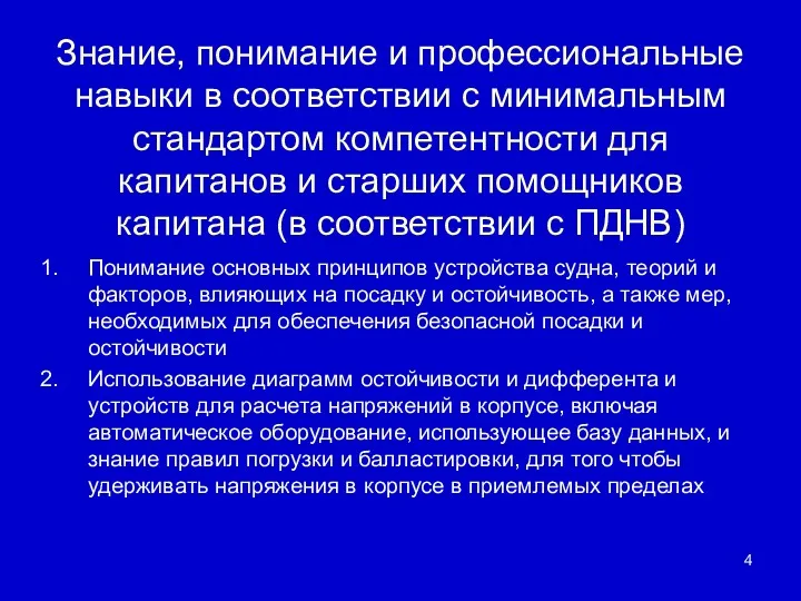 Знание, понимание и профессиональные навыки в соответствии с минимальным стандартом