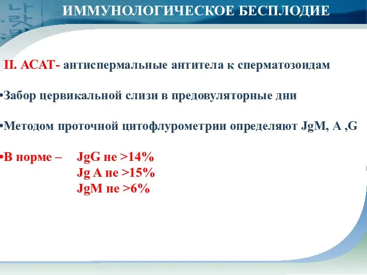 II. АСАТ- антиспермальные антитела к сперматозоидам Забор цервикальной слизи в предовуляторные дни Методом