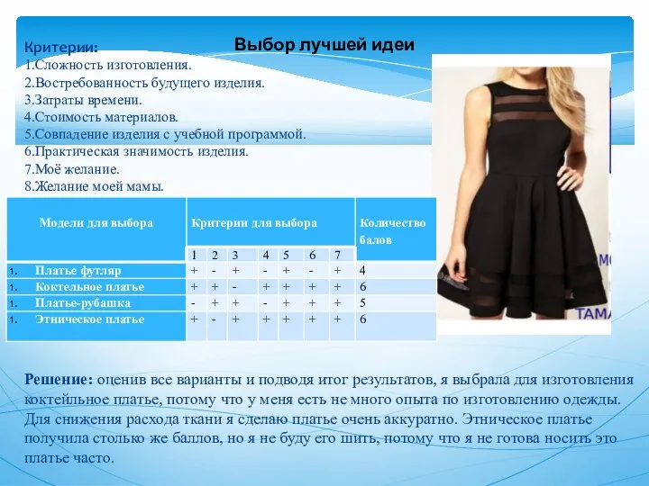 Критерии: 1.Сложность изготовления. 2.Востребованность будущего изделия. 3.Затраты времени. 4.Стоимость материалов.