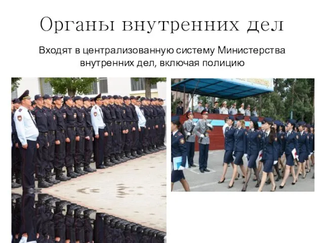Органы внутренних дел Входят в централизованную систему Министерства внутренних дел, включая полицию