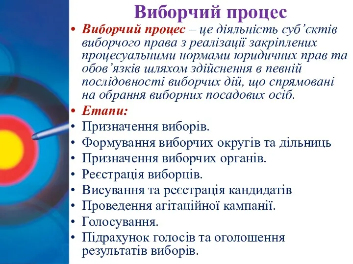 Виборчий процес Виборчий процес – це діяльність суб’єктів виборчого права