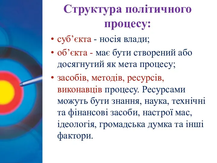 Структура політичного процесу: суб’єкта - носія влади; об’єкта - має