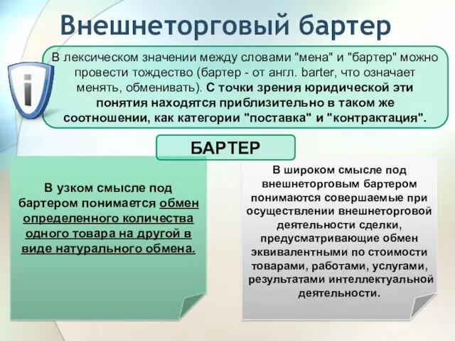 Внешнеторговый бартер В лексическом значении между словами "мена" и "бартер"