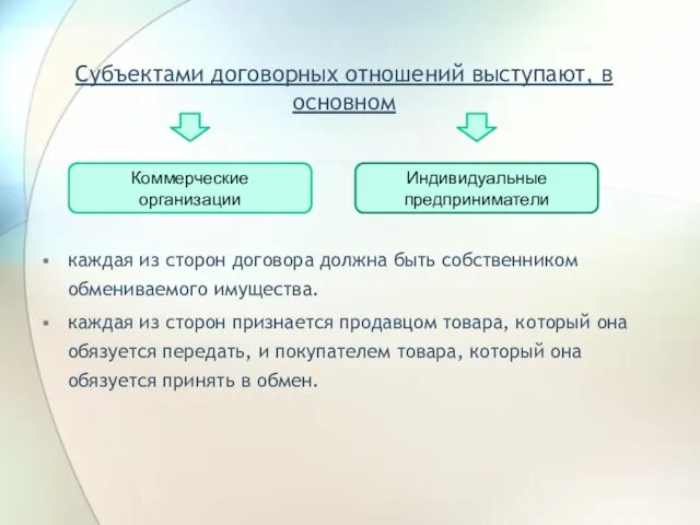 Субъектами договорных отношений выступают, в основном каждая из сторон договора