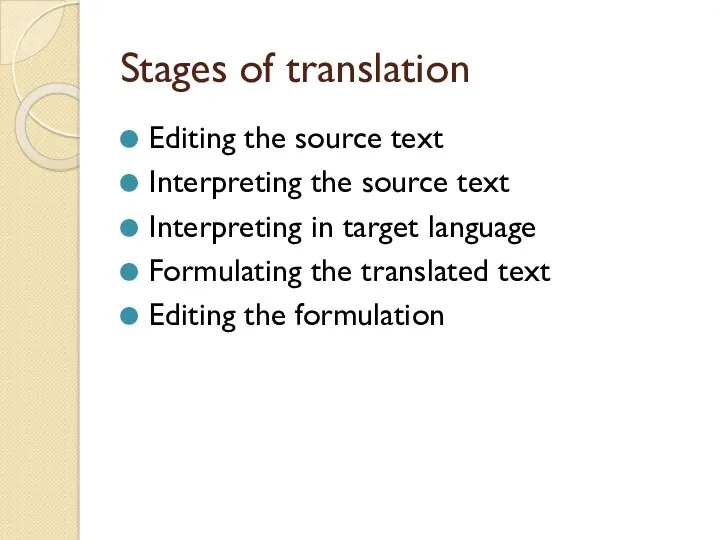 Stages of translation Editing the source text Interpreting the source