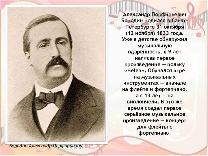 Бородин Александр Порфирьевич Александр Порфирьевич Бородин родился в Санкт-Петербурге 31